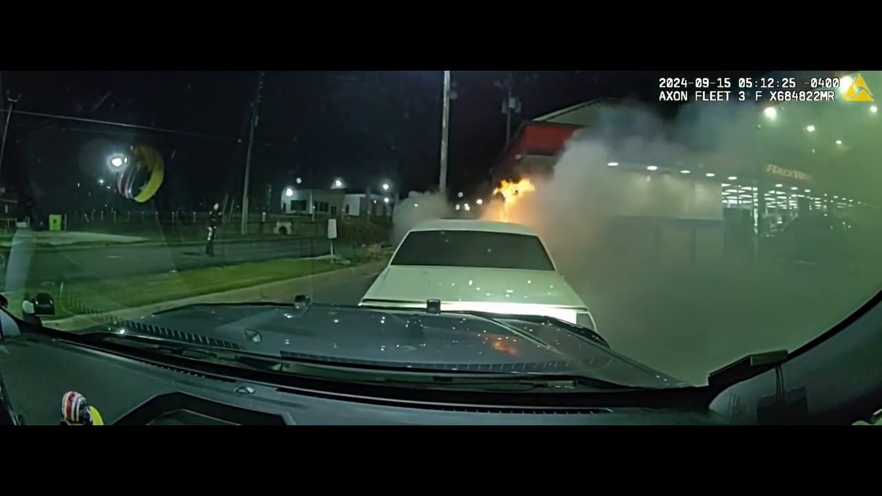VIDEO: Georgia police officer uses cruiser to push burning car away from gas pumps