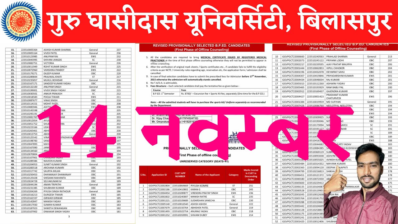 14 November 2022 | GGU | GGU BILASPUR | GGU ADMISSION 2022-23 | GGU MERIT LIST 2022 | GGU PG