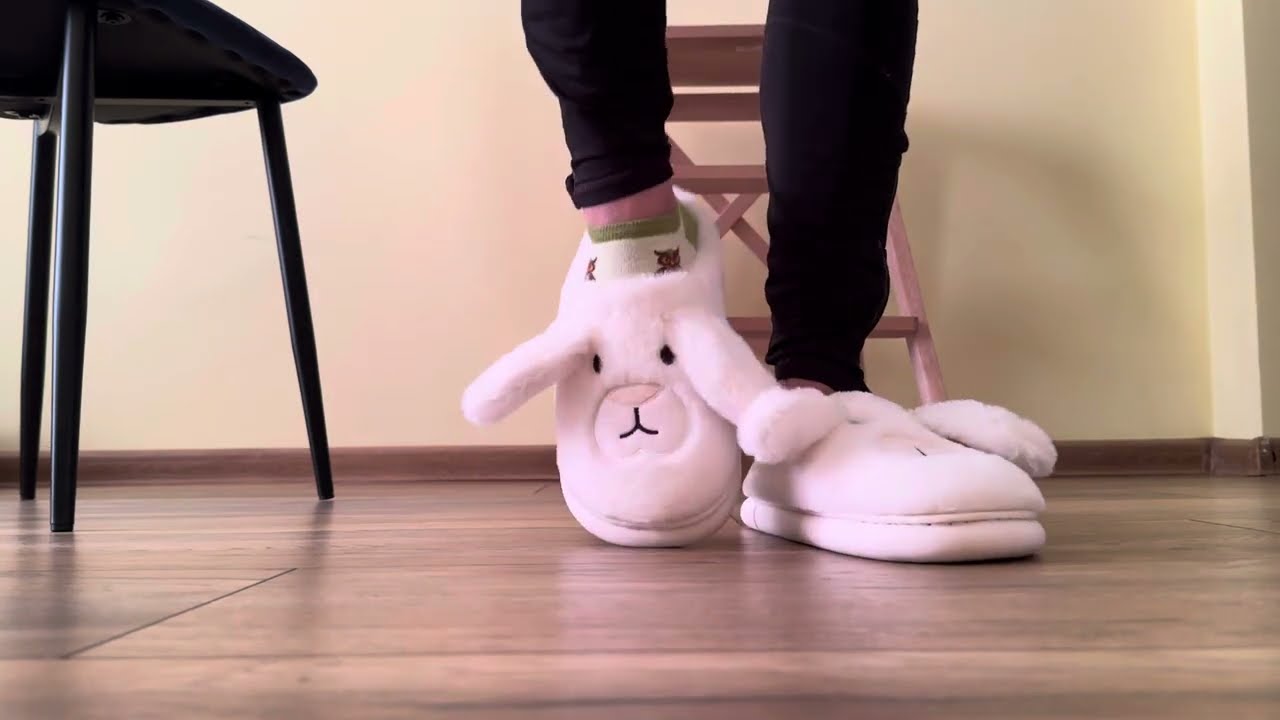 Fluffy Slippers With Bunny Ears Paired With Cute Green Socks With Owls Cozy Home Outfit