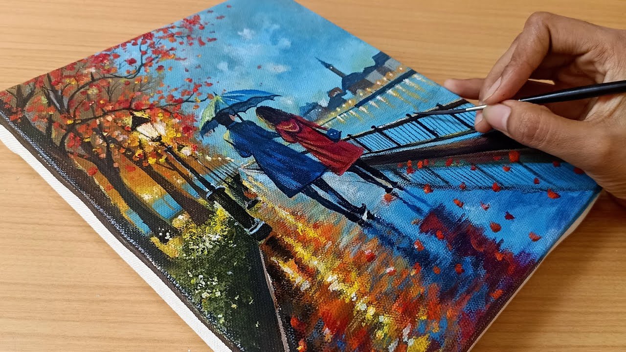 How to Draw a Romantic Rainy night / Rainy Season/Acrylic Painting