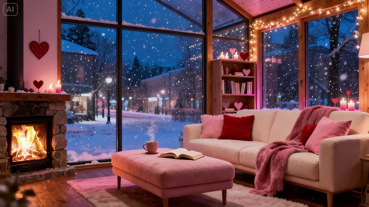 Soft Pink Cozy Winter Room  Fireplace Night Ambience for Deep Relaxation