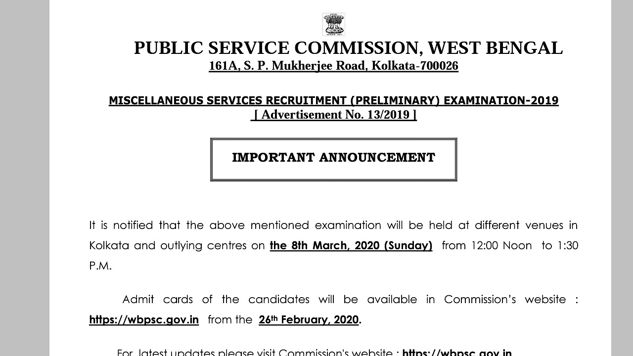 WBPSC MISCELLANEOUS ADMIT CARD