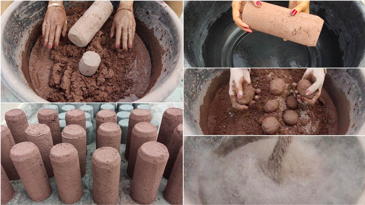Asmr- Red dirt+sand cement cylinders dry💦water crumbling😋 requested video🤤