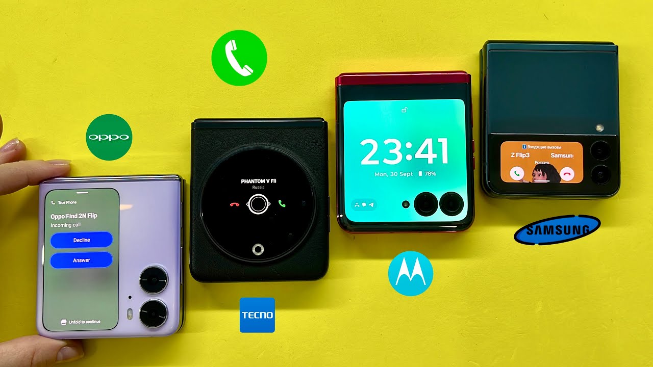 Incoming Call flip phones Motorola RAZR40Ultra + TECNO PHANTOM V + Samsung Galaxy + OPPO FIND N2