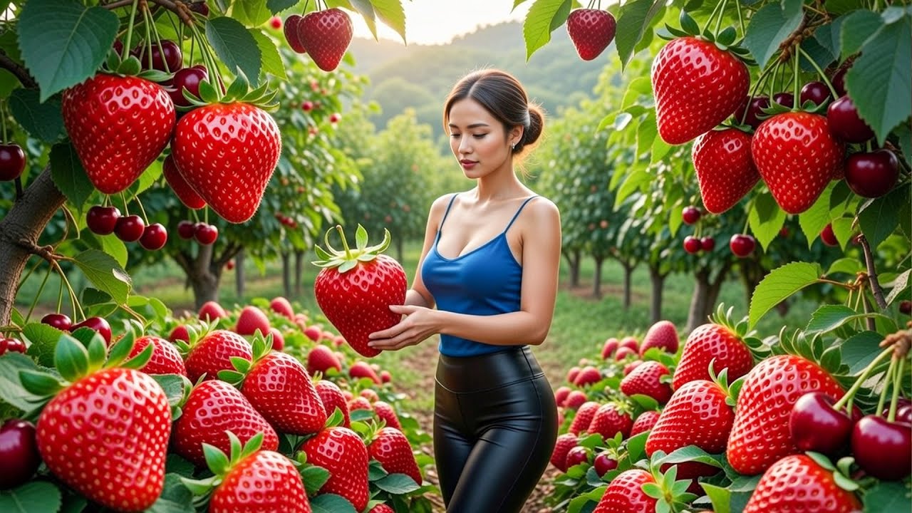 Harvesting Giant Strawberries and Cherries in the Garden | Emma Daily Life
