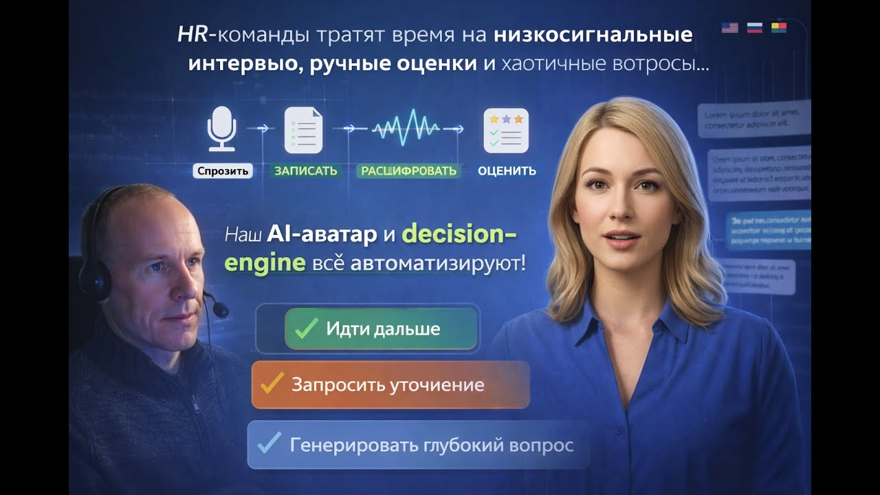 Многоязычный AI-интервьюер с аватаром, слушает, оценивает и в времени задаёт уточняющие вопросы