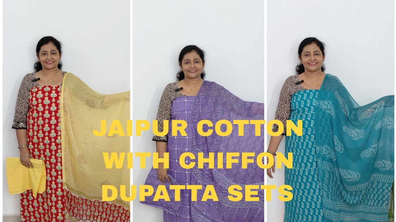 JAIPUR COTTON WITH CHIFFON DUPATTA SETS || (HANDBLOCKED) || FREE SHIPPING:+91 9061630106