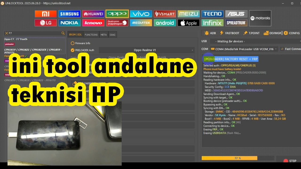 Oppo f7 cph1821 terkunci pin pola akun google bypass pakai unlocktool