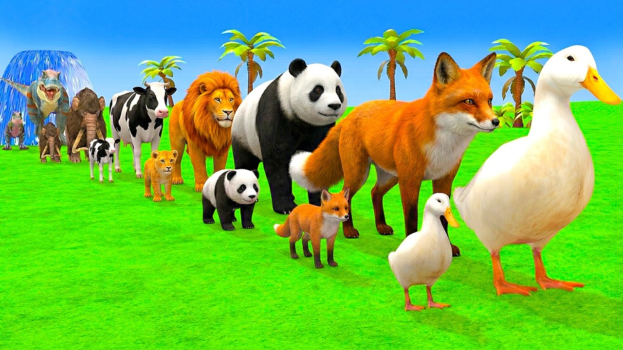 Long Slide Game With Elephant Gorilla Buffalo Hippopotamus Tiger - 3d Animal Game - Funny 3d Animals