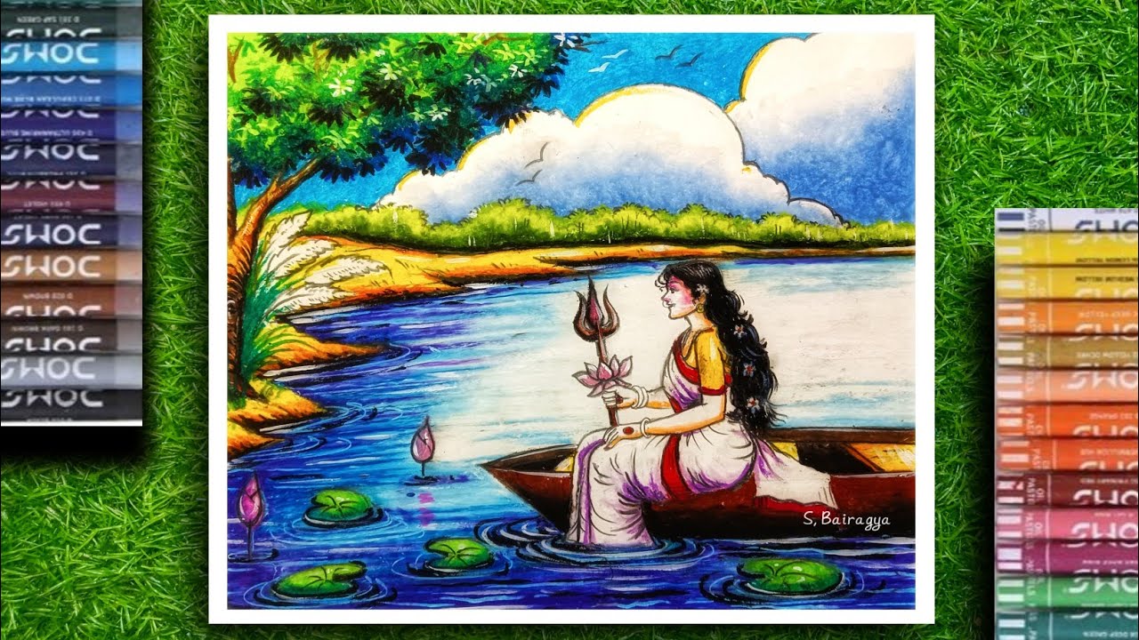 Durga Puja Pastel Colour Scenery Drawing 💝 Easy Step By Step Village Scenery।। Sarat Kal Drawing