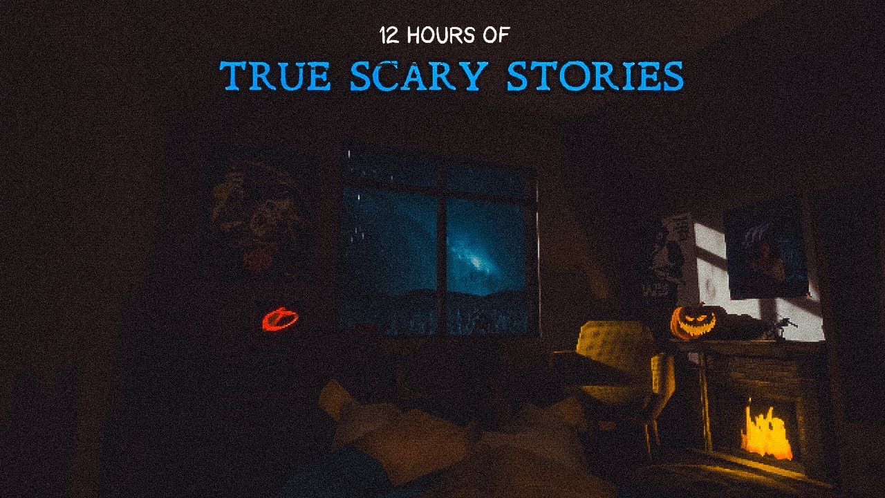 12 Hours Of Scary Stories In A Cozy Bedroom |  Rainfall & Fireplace Ambience