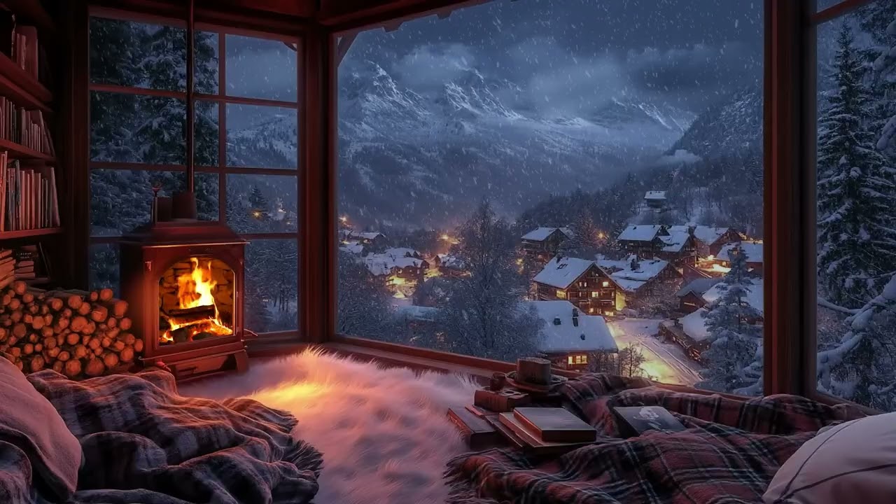 Cozy Winter Cabin Fireplace Ambience ❄️🔥 3 Hours | Crackling Fire + Snowy Mountain Village