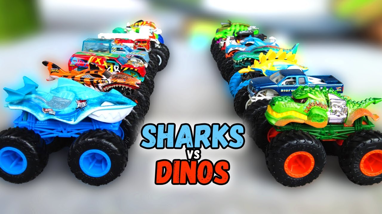 SHARKS vs DINOS Hot Wheels Monster Truck Racing Crash Push Mini Monstertrucks Race Team Battle