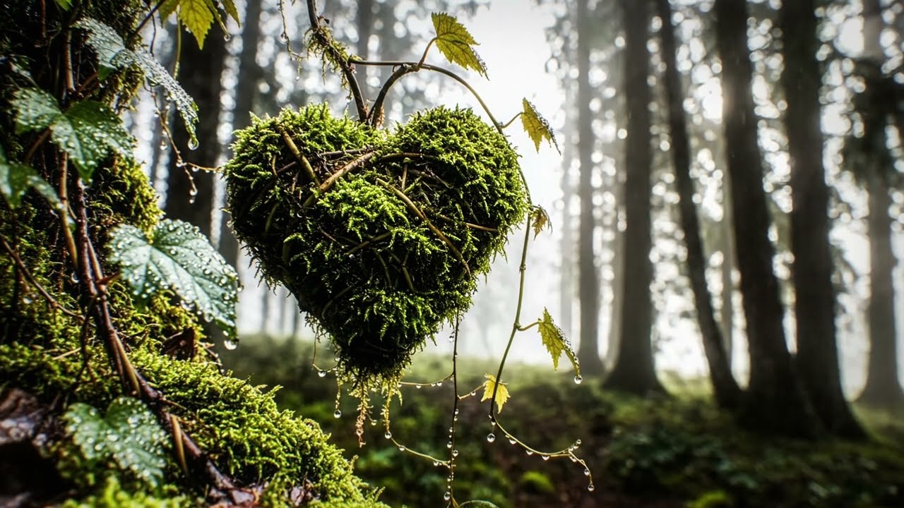 Mystical moss heart shaped sculpture hangs in rainy misty forest 4K Free Stock Footage