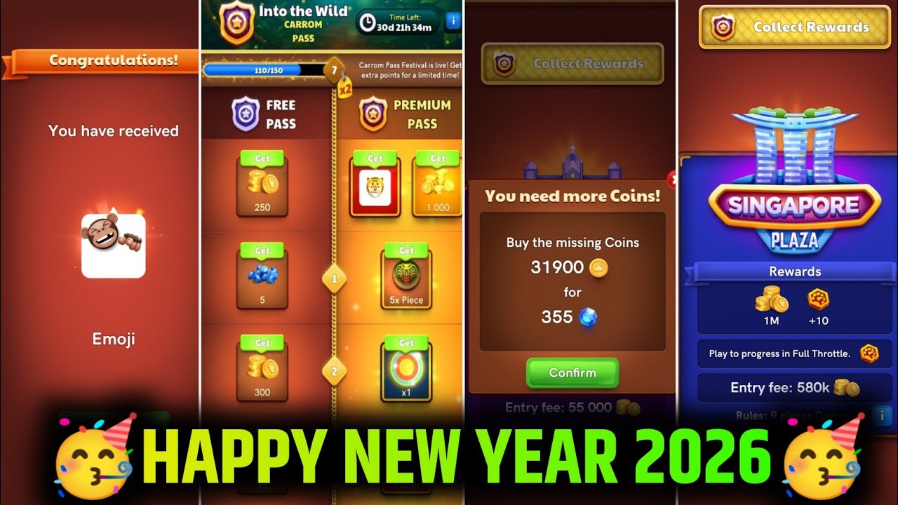 🔥Happy New Year 2026 🥳 New Emoji New Carrom Pass 🥵 Singapore Gameplay 🔥 Carrom Pool Gaming Yash 🔥