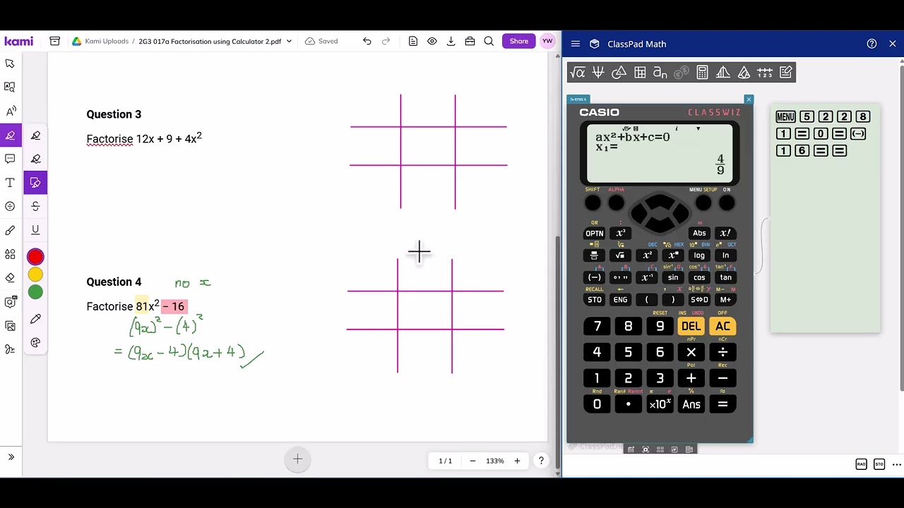 Factorisation of Quadratic Expressions using Casio fx-97SG X Question 4