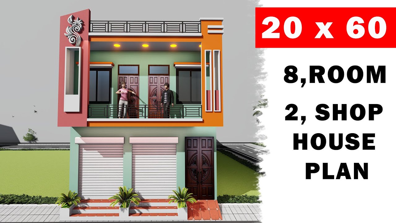 निचे दुकान ऊपर मकान का नक्शा,3D house with shop elevation , 20*60 dukan ka naksha , 20x60 3D house