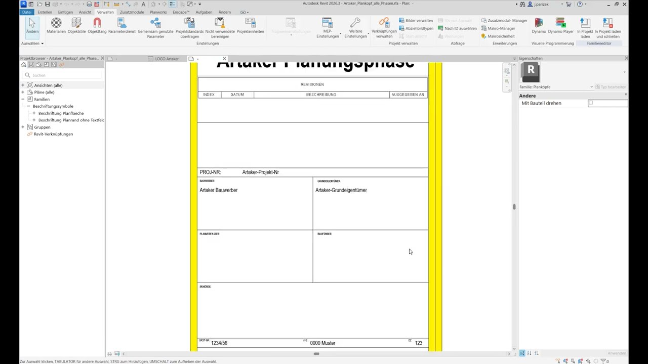 Revit Plankopf - Parameter und Beschriftungsfelder einbauen