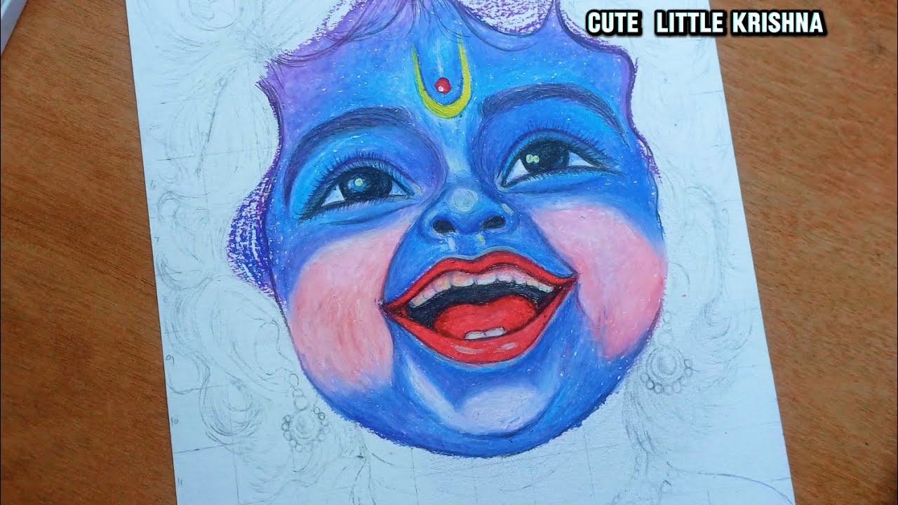 Cute little krishna Ji Drawing,  Krishna Drawing, Oil Pastel Drawing,  Final  😍