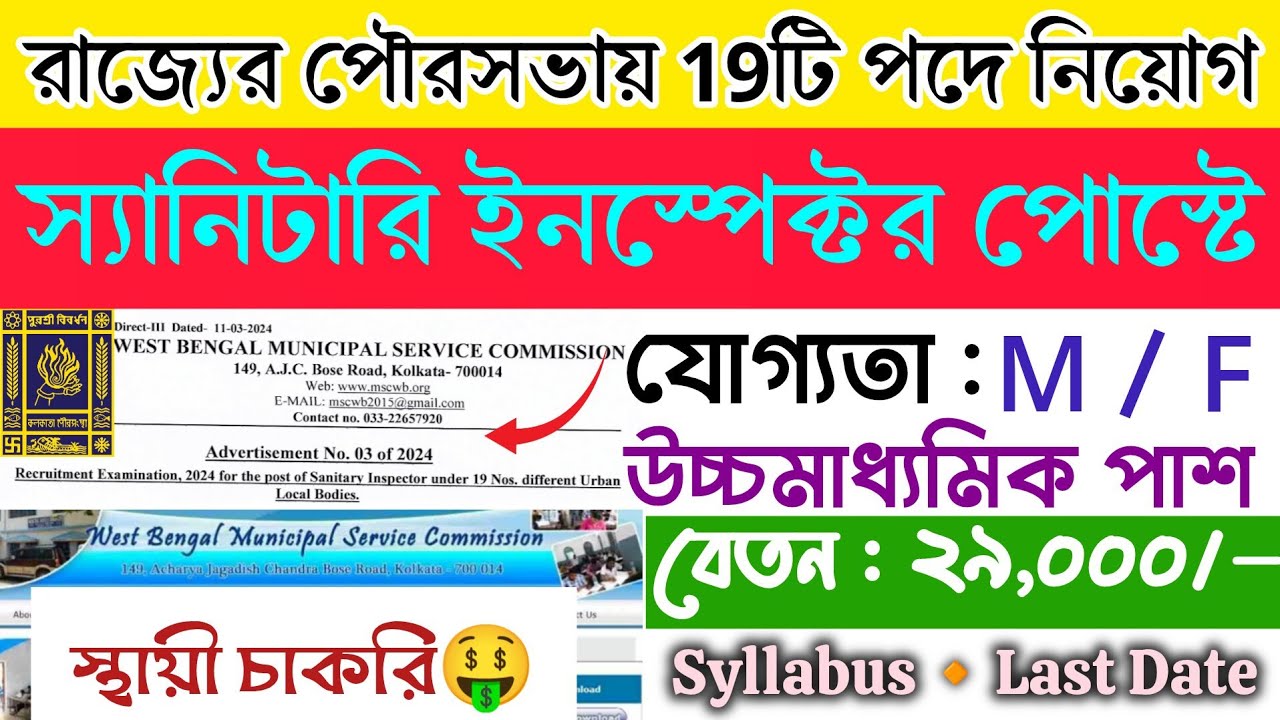 WB Municipal Service Commission new Vacancy 2024 | Sanitary Inspector Recruitment 2024 kmc vacancy