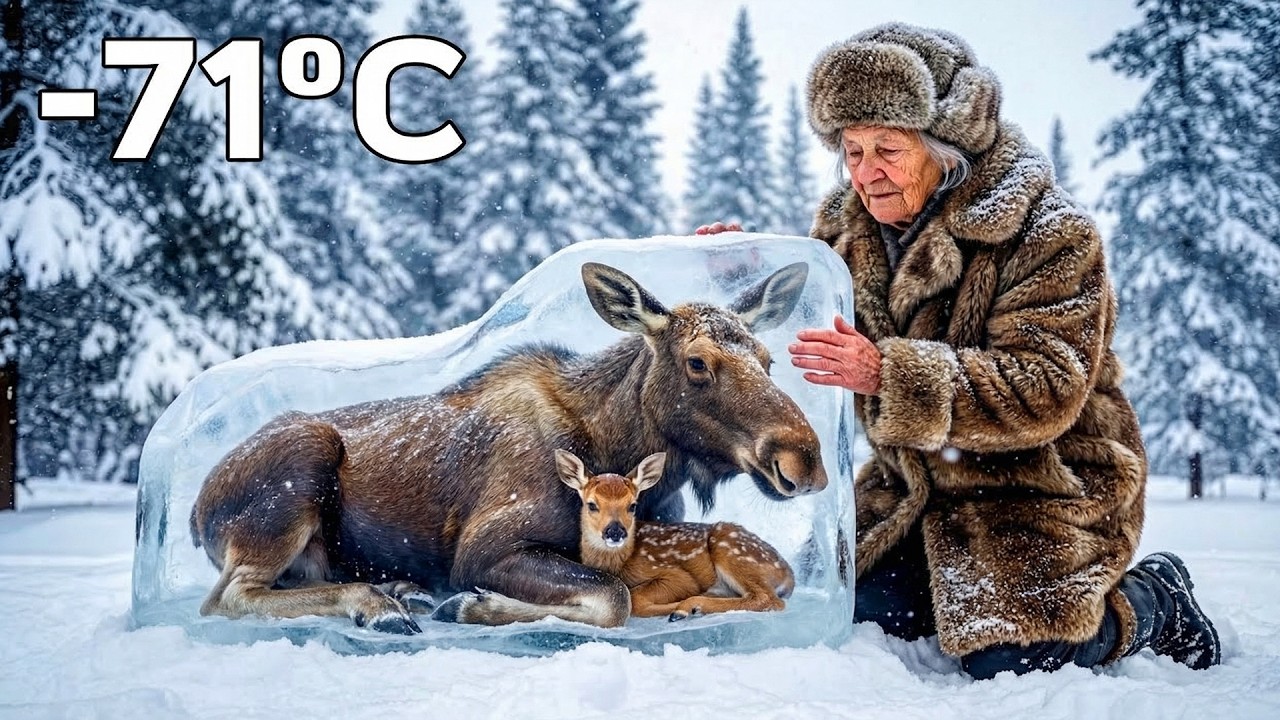 Moose Mother & Her Cub Frozen at This 80-Year-Old Woman Door in -71°C Siberia