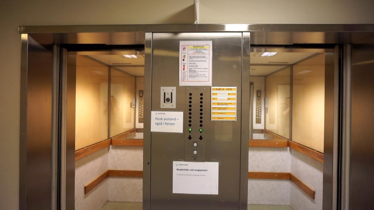 ORIGINAL!!! 1971 Brødr. Reber (Schindler) traction elevators, small @ Hospital, Kongsberg, Norway