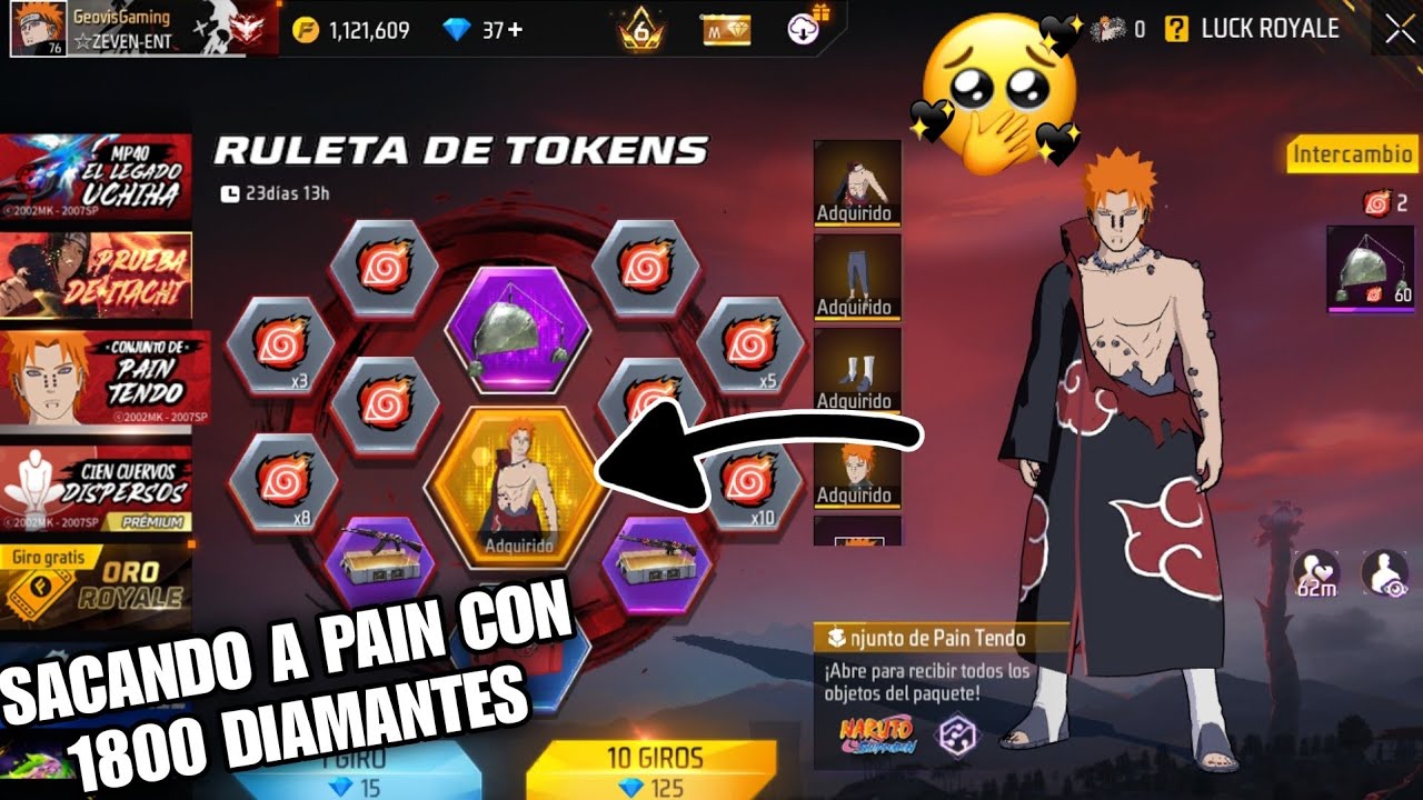 Sacando el conjunto de de PAIN TENDO gastando 1800 Diamantes en Free Fire Ruleta de Tokens 😯