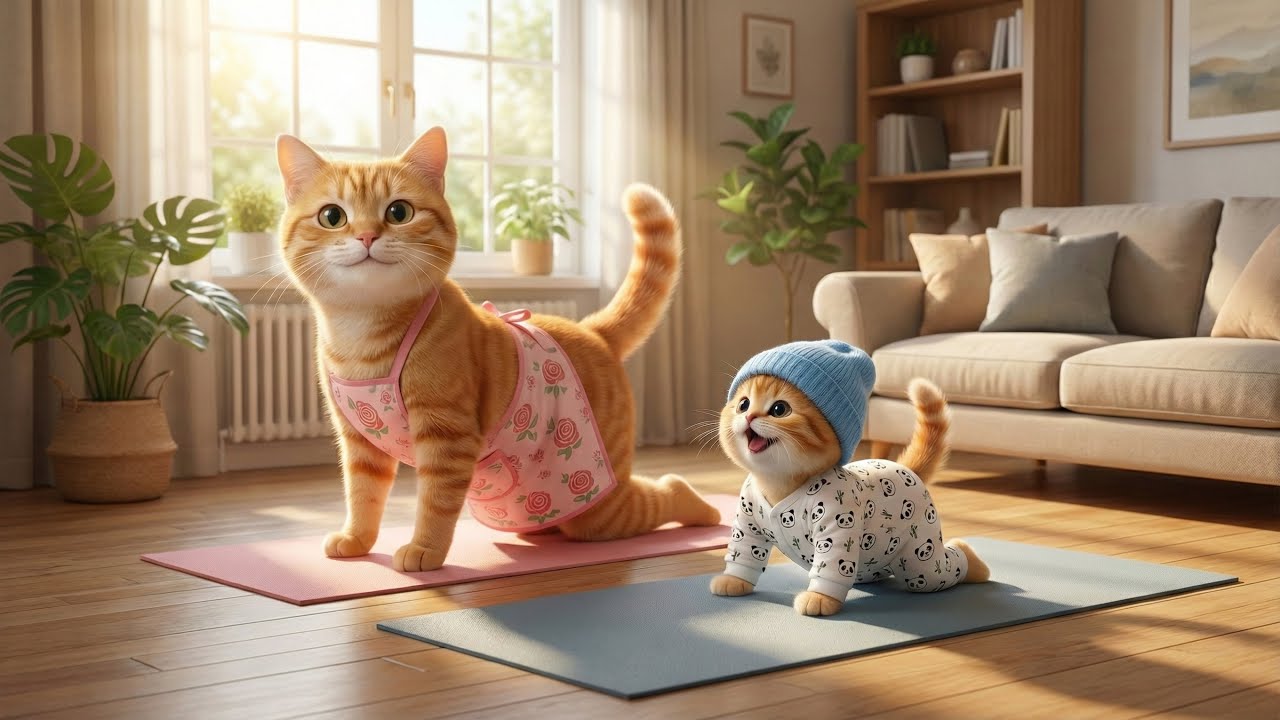 Mama cat has a backache again - Cute kitten learns the secret to strong bones from Grandma 🐱🦴