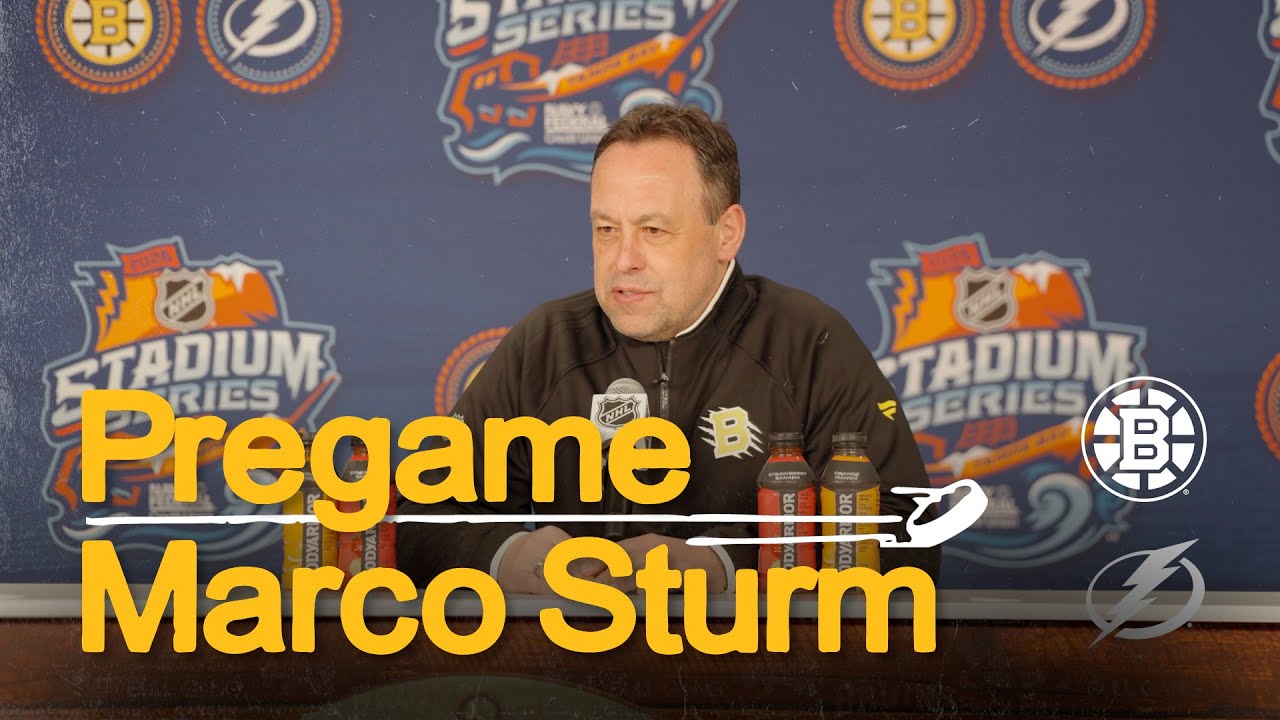 Marco Sturm speaks to the media ahead of the Stadium Series game at Raymond James Stadium