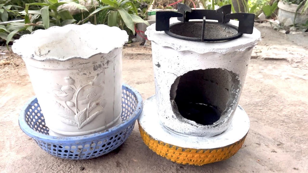 DIY ideas with cement Make a rocket stove from a plastic flower pot and paint the stove white