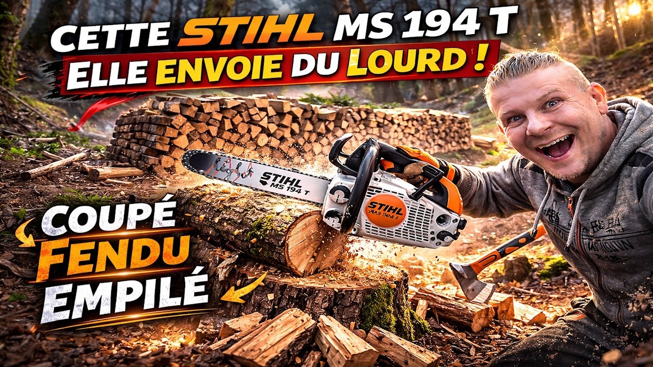 affouage 2025/2026 STIHL MS 194T elle envoie du lourd! coupé fendu empilé