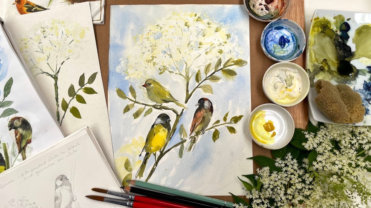 Watercolor Birds and Elderflowers - Paint the Natural World for Beginners Real Time Fun Tutorial