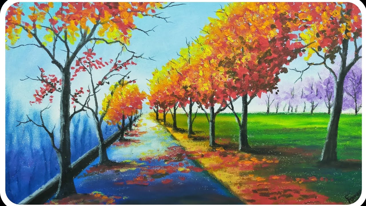 Oil pastel drawing/How to draw Autumn scenery with oil pastel/Oil pastel drawing of nature/ Autumn