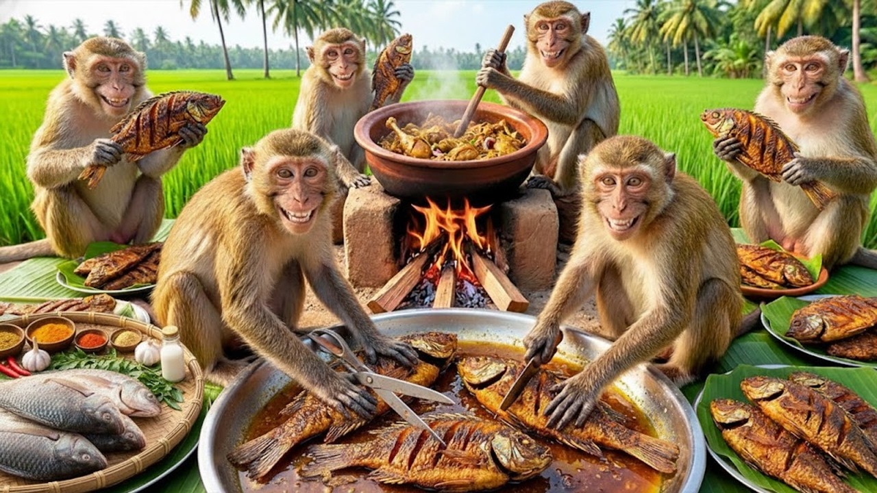 पागल बंदर एक जंगली पार्टी में मछली करी बना रहे हैं | Crazy Monkeys Cooking Fish Curry at Wild Party