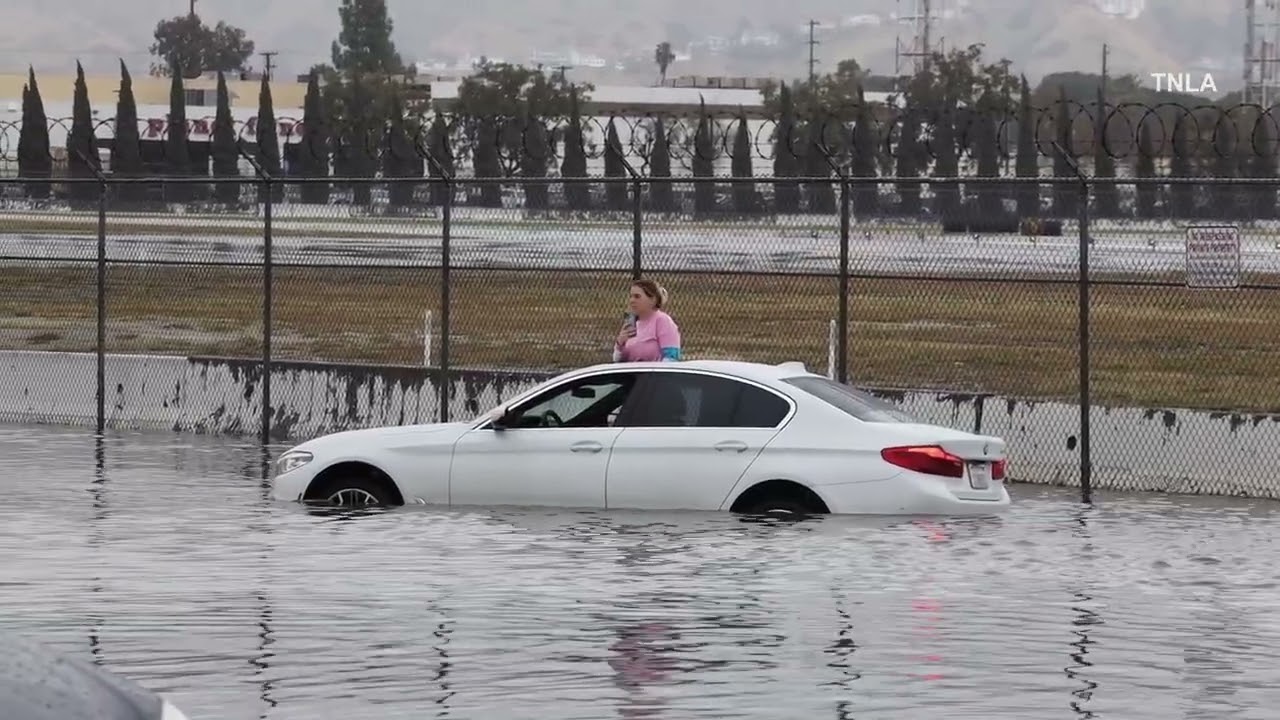 Vehicles Stranded in Floodwater at Burbank Airport