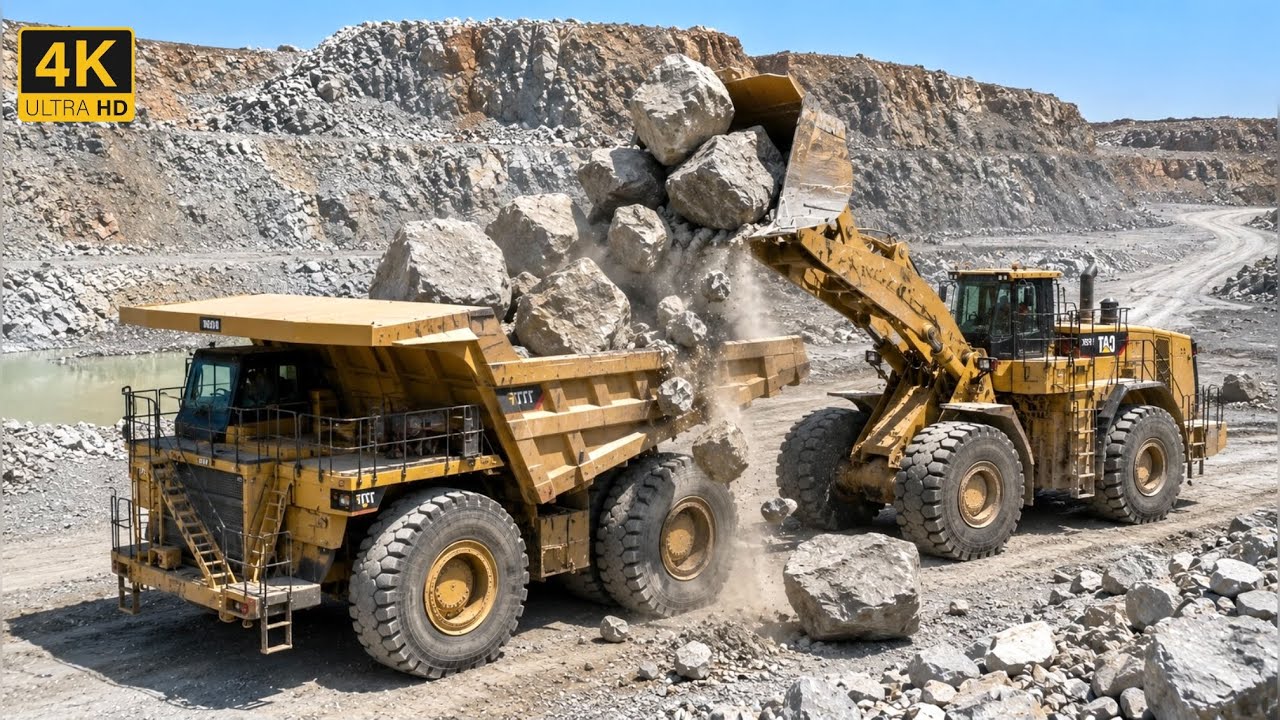 Giant Rocks Loaded by Massive Wheel Loader | Extreme Quarry Dump Truck