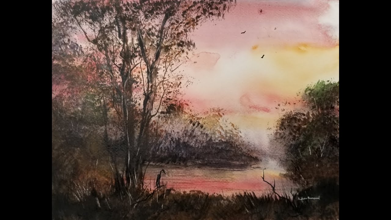 Beginner Watercolor Landscape Tutorial 225: Fast and Loose Autumn Sunset