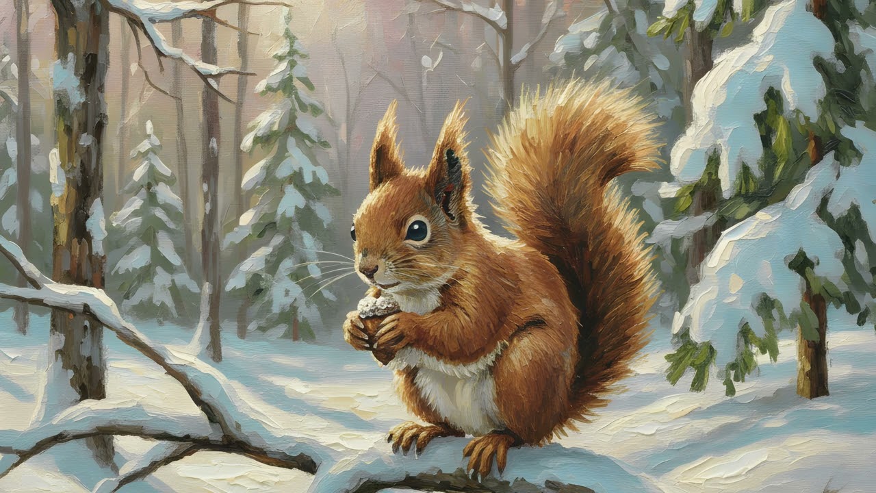 Squirrel UHD 4K TV Art Silent Screensaver | Winter TV Wallpaper 2 Hours Nature TV Art 1 Oil Painting