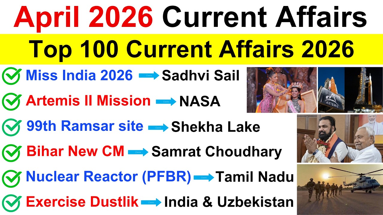 April 2026 Current Affairs 🔥| Top 100 important MCQs 💯| Monthly Current Affairs 2026 😮