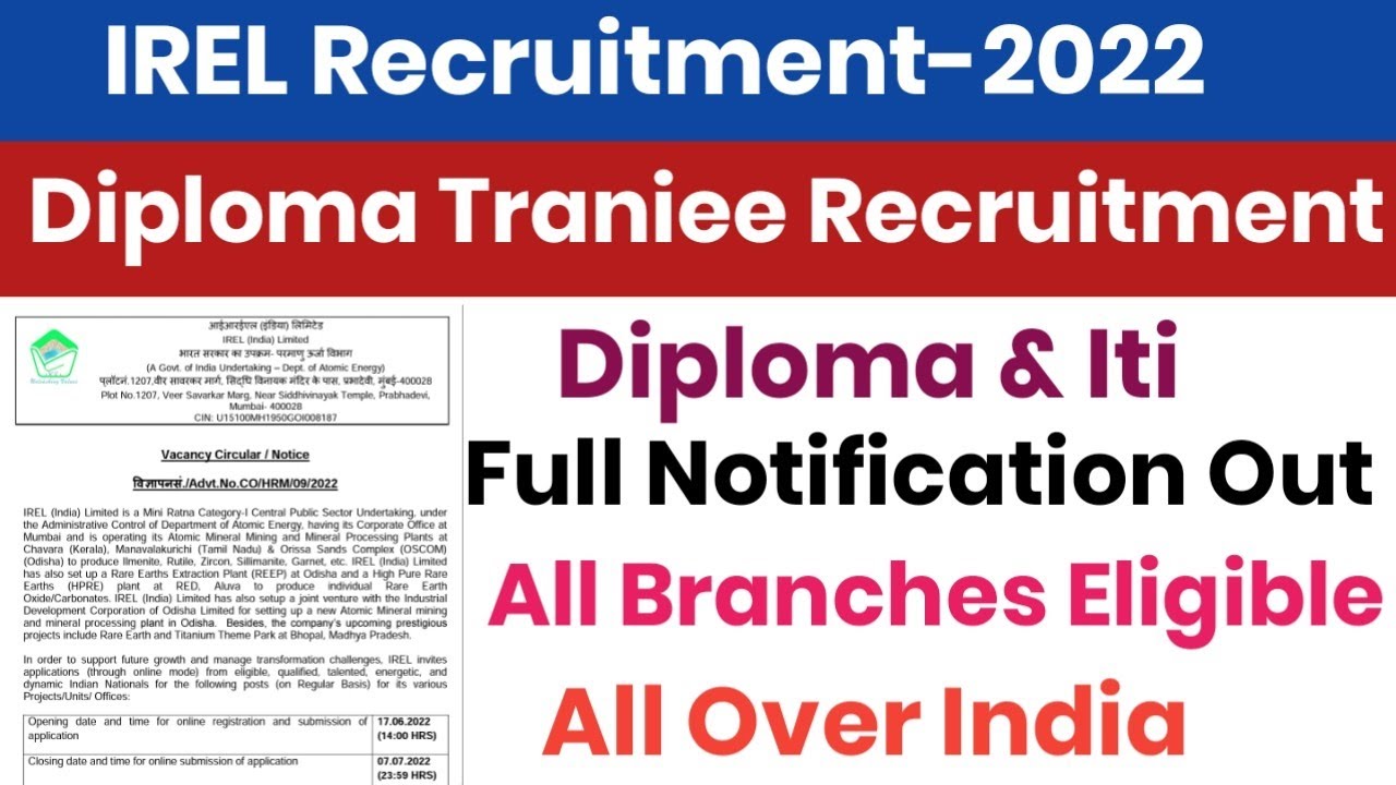 IREL Diploma Traniee Full Notification Out||Diploma & Iti||All Branches Eligible||All Over India