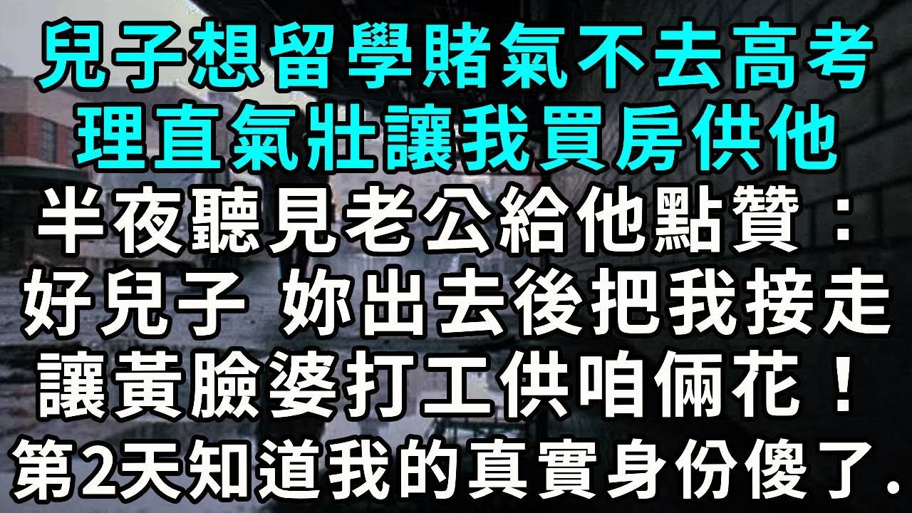 兒子想留學賭氣不去高考，理直氣壯讓我買房供他。半夜聽見老公給他點贊：好兒子 妳出去後把我接走，讓黃臉婆國內打工供咱倆花！我笑了，第2天知道我的真實身份傻了.