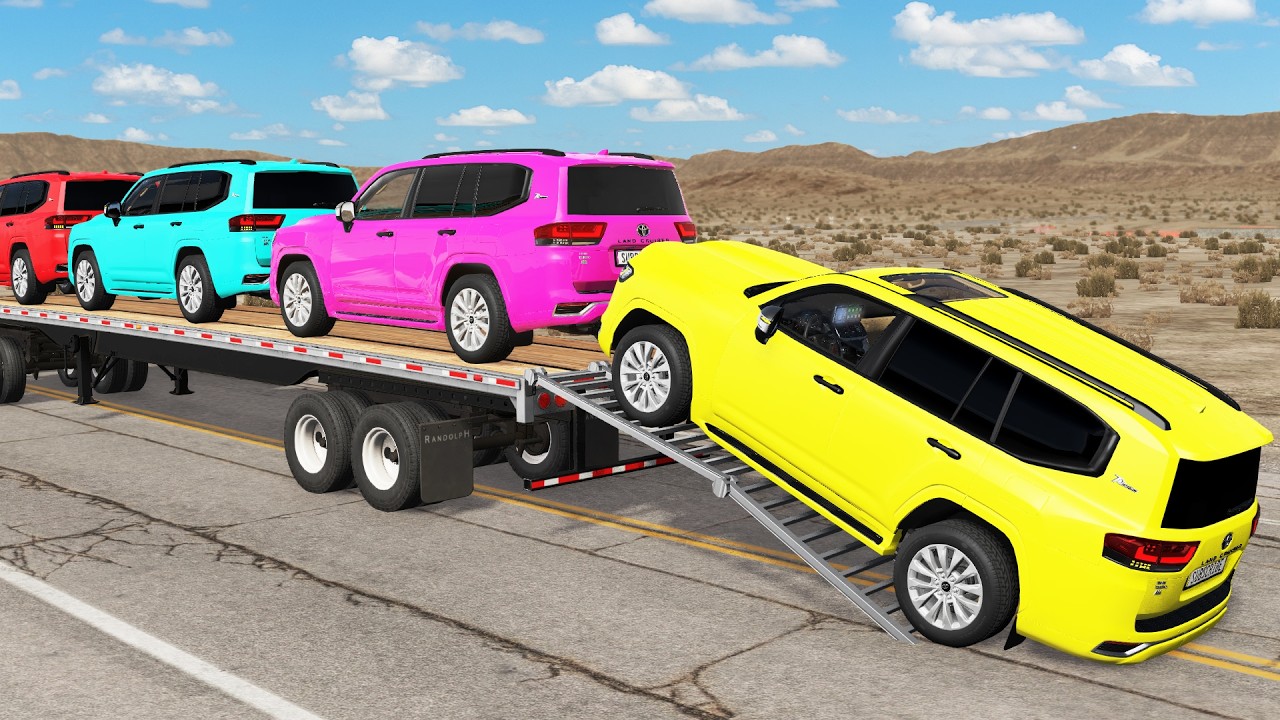 Triple Flatbed Trailer McQueen Transportation with Truck - Speedbumps vs Cars vs Train - BeamNG #07