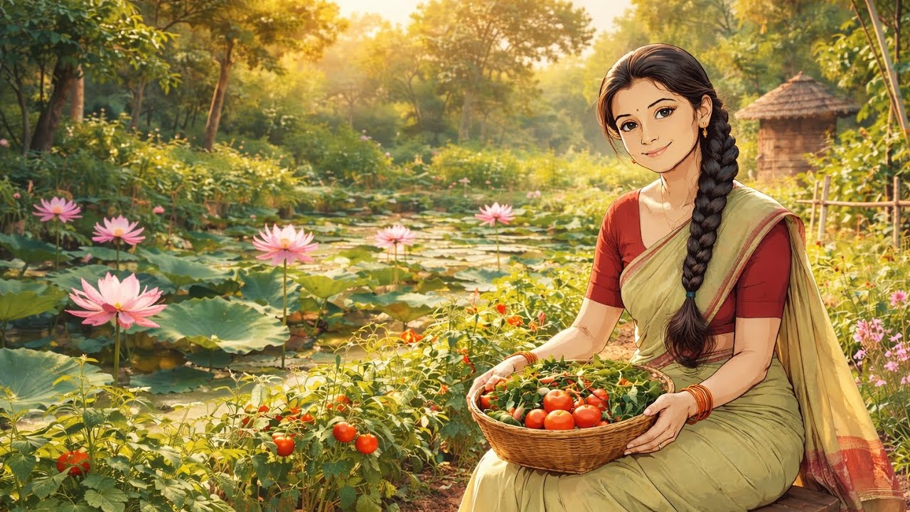 Village Woman Caring Garden Near Lotus Pond 🌸 | Peaceful Village Life