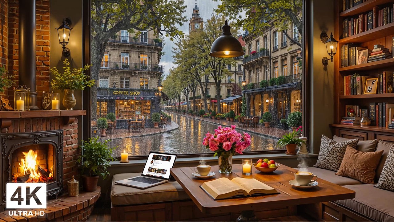 Evening February Jazz Inside a Rainy Café ☕ Relaxing Piano & Fireplace Sounds for Work & Study
