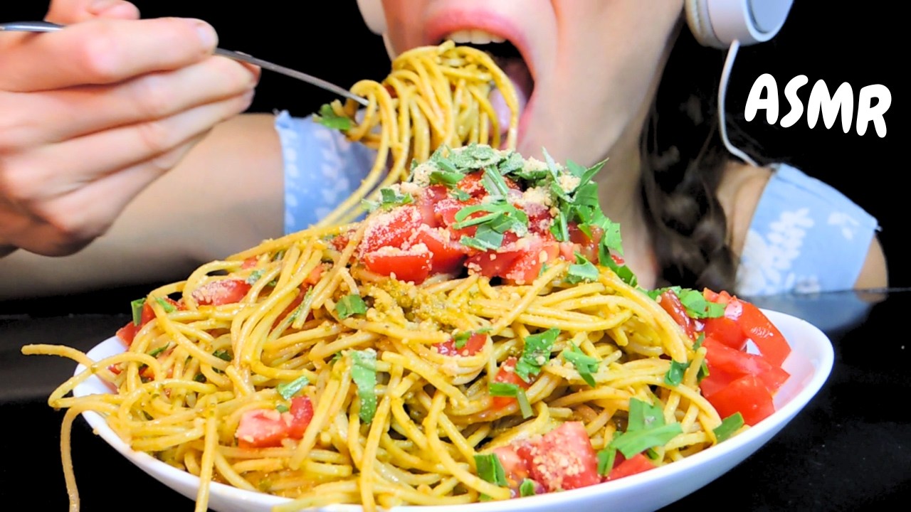asmr tomatoes and arugula PESTO pasta mukbang (no talking eating sounds)