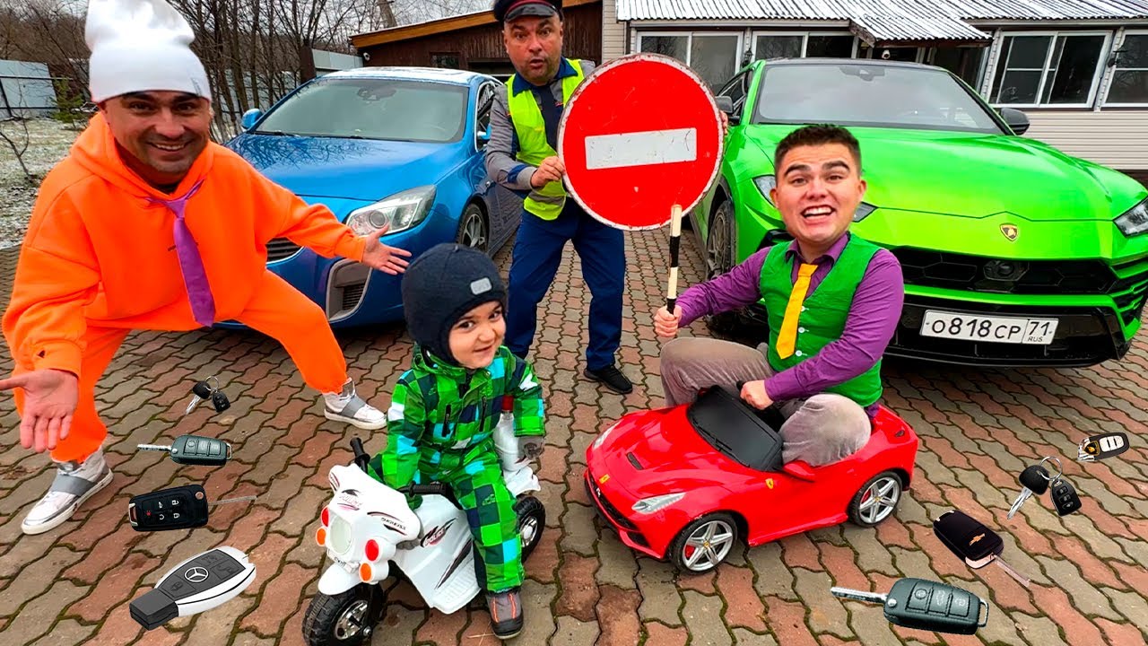 Mr. Joe & Mark are Learning Road Signs! Found Car Key to the Lamborghini! Educational video for Kids