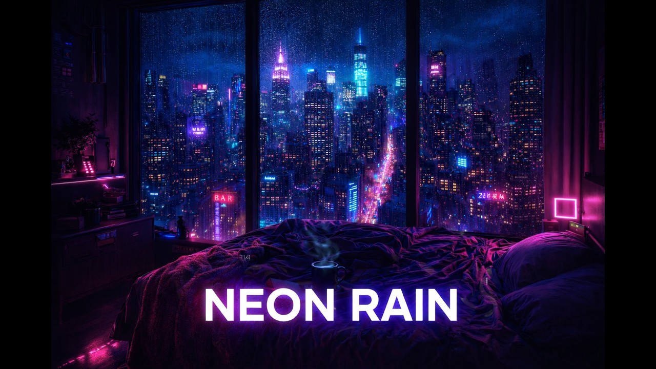 Rain Sounds in Bedroom - Sleeping in NY Apartment - Cyberpunk Theme - Relaxing Ambience