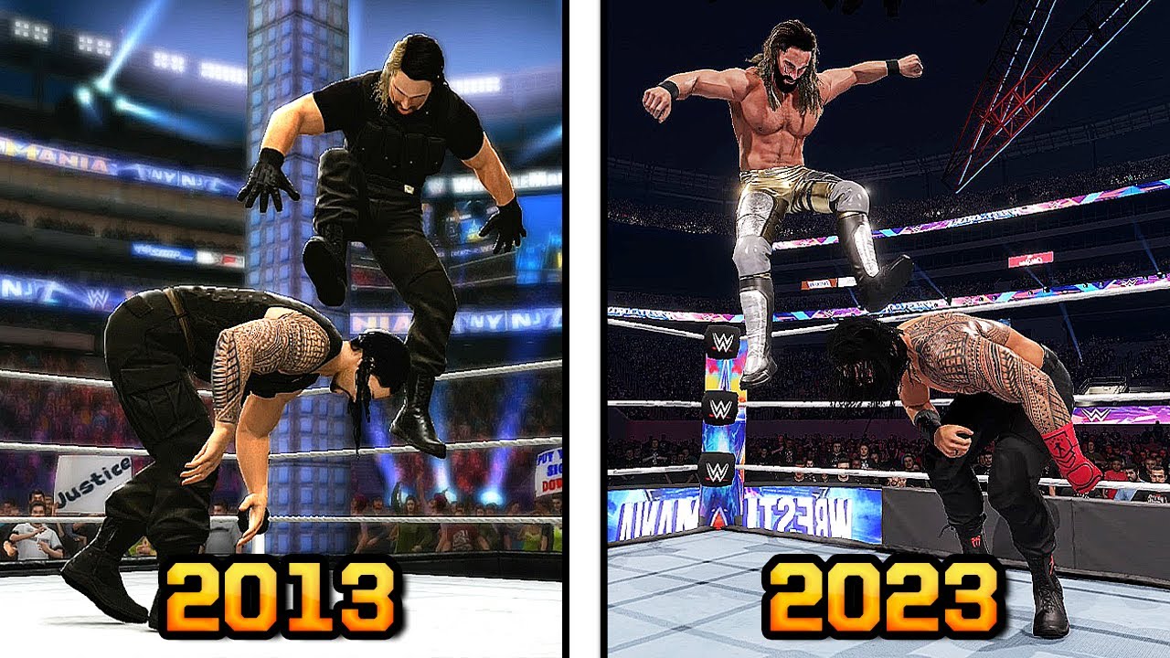 Эволюция приёма Сета Роллинса Curb Stomp в играх WWE! - WWE 2K23