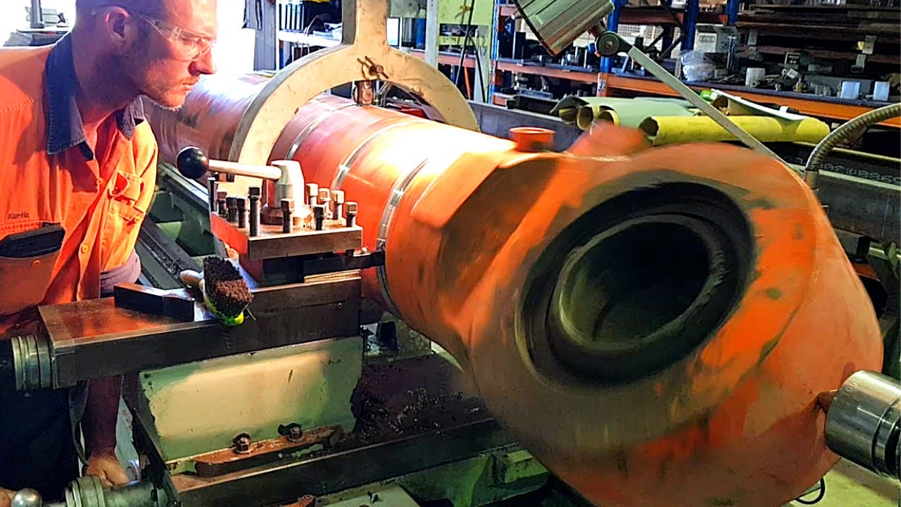 Turning LARGE Hitachi EX2500 Mining Hydraulic Cylinder on Lathe | Machining & Welding