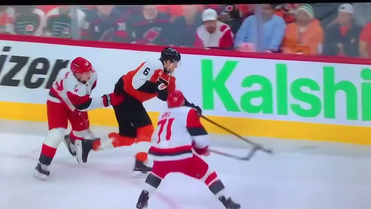 Hurricanes #71 Taylor Hall takes a run @ Flyers #6 T. Sanhein